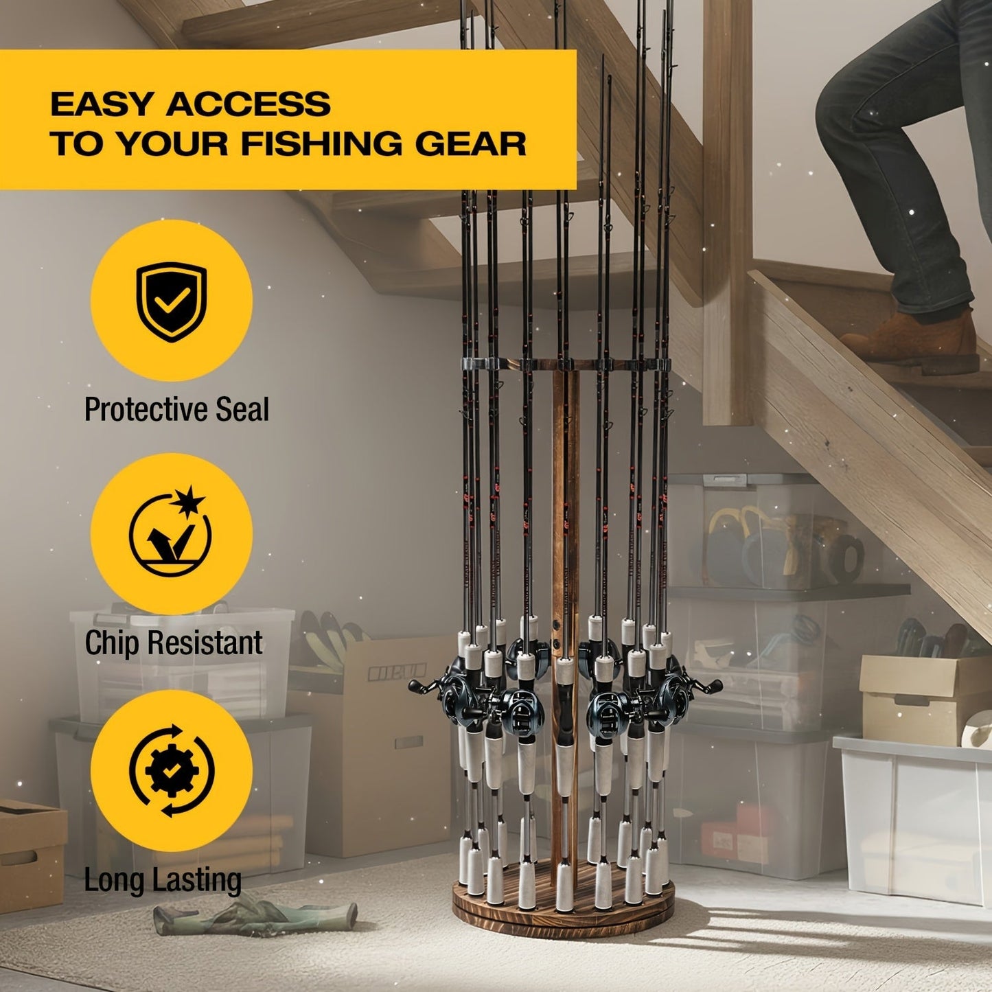 Circular Wooden Fishing Rod Rack Holds 16 Rods Space-Saving Fishing Pole Organizer for Garage Shed Man Cave – 360° Rotating & Fixed Options, Sturdy Wood Construction, Fisherman Gift