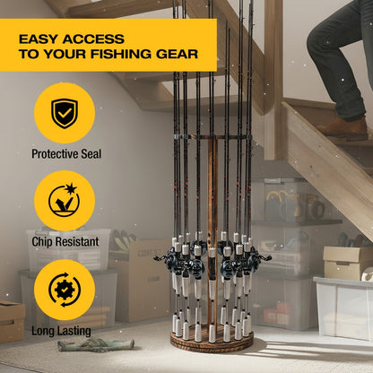 Circular Wooden Fishing Rod Rack Holds 16 Rods Space-Saving Fishing Pole Organizer for Garage Shed Man Cave – 360° Rotating & Fixed Options, Sturdy Wood Construction, Fisherman Gift