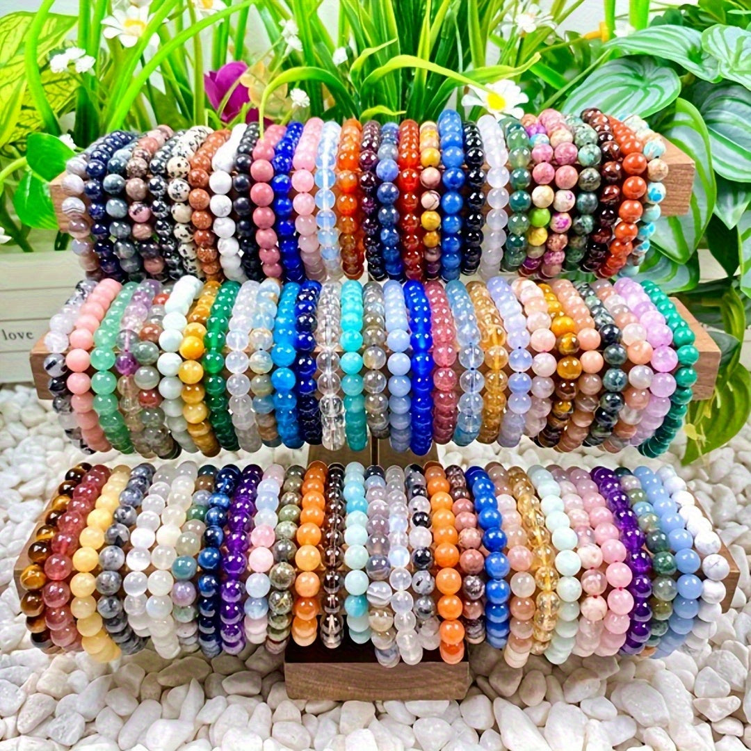 20-Pack Colorful Natural Stone Bead Bracelets – Handmade Elastic Wristband, Random Color Mix, Boho Vintage Style, Unisex Stackable Jewelry for Women & Men
