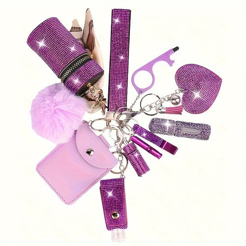 11-Piece Women's Rhinestone Keychain Set – Multifunctional Keyring with Card Holder, Pill Bottle, Whistle, Perfume Bottle & Storage Bag, Perfect Gift for Ladies