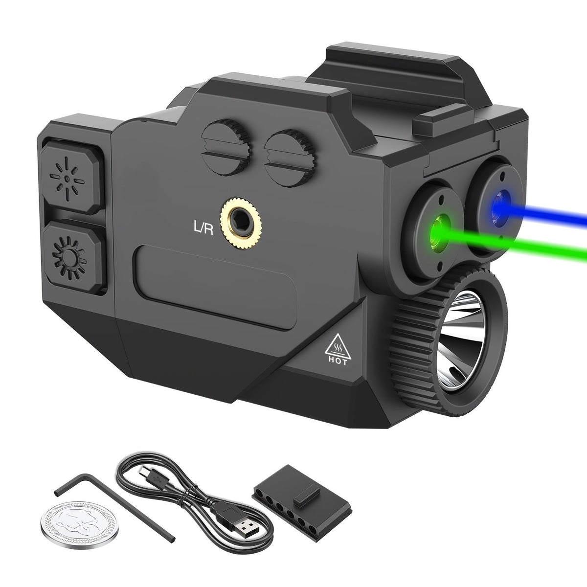 Tactical Flashlight with Dual Laser Sight – 450 Lumens Rechargeable Pistol Light for Picatinny Rail, Red+Green / Blue+Green / Purple+Green Laser Beam, Compact Handgun Accessory