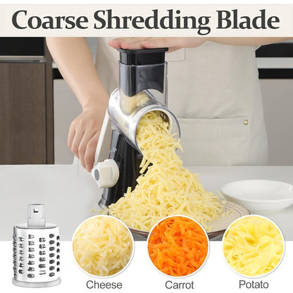 Rotary Cheese Grater Hand Crank Shredder with 3 Interchangeable Blades - Non-Slip Suction Base, Free Cleaning Brush, for Fresh Cheese, Vegetables & Nuts, Kitchen Tool Gift