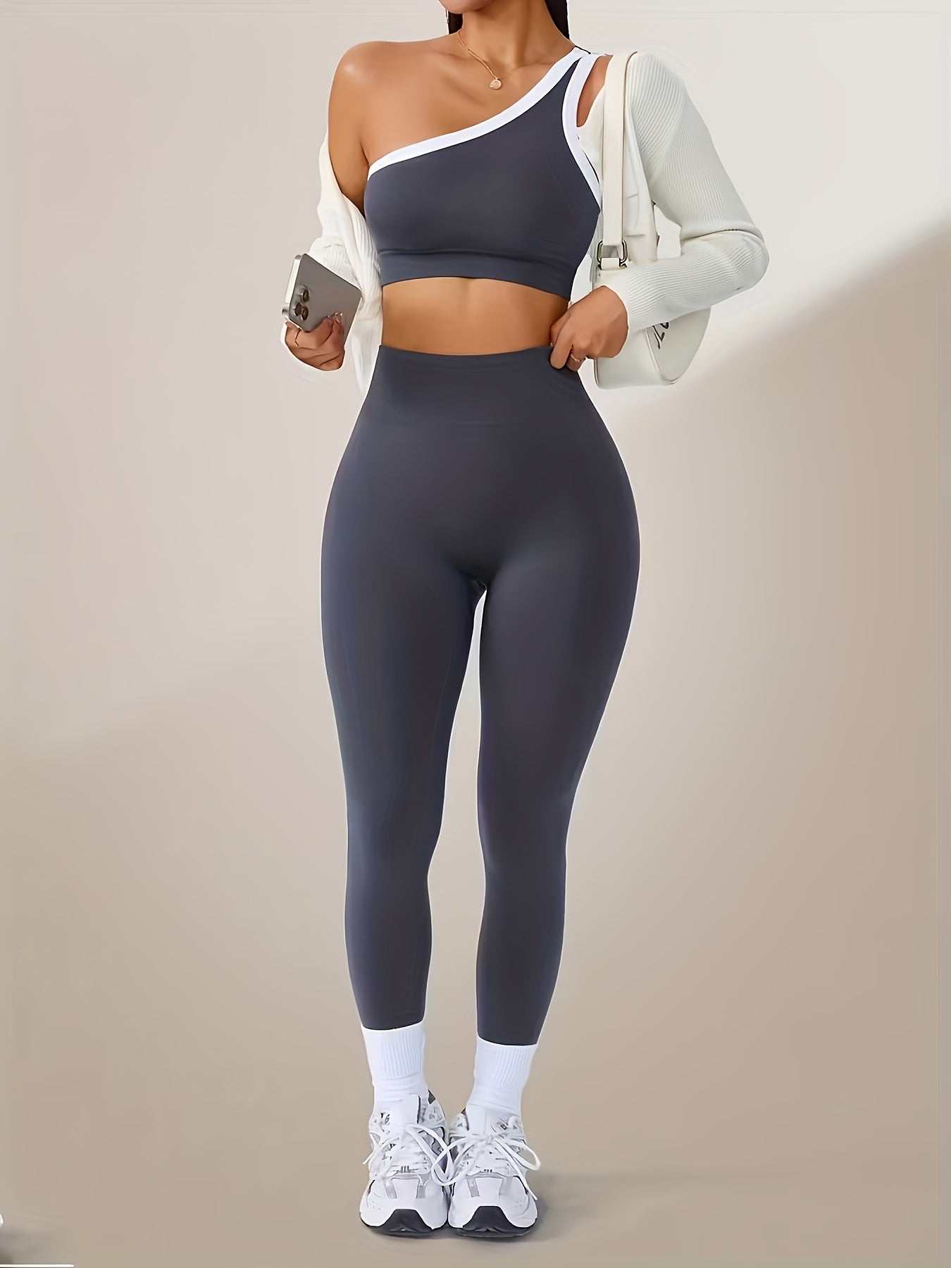 Women's 2-Piece High-Waisted Butt-Lifting Leggings & Sports Bra Set – 90% Polyamide Stretchy Minimalist Yoga Running Workout Outfit with Camisole Top, Solid Color, S-XL