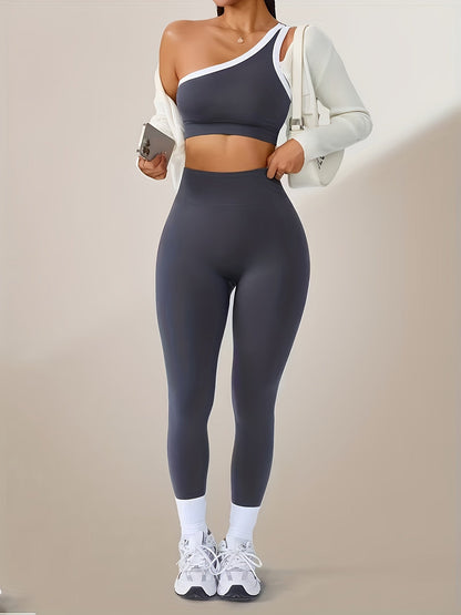 Women's 2-Piece High-Waisted Butt-Lifting Leggings & Sports Bra Set – 90% Polyamide Stretchy Minimalist Yoga Running Workout Outfit with Camisole Top, Solid Color, S-XL