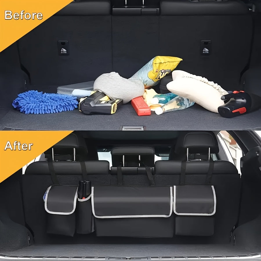 Car Trunk Organizer Rear Seat Hanging Storage Bag with 4 Pockets Foldable Cargo Bag for SUV Truck MPV Van – Black Multi-Pocket Car Interior Storage Organizer for Travel & Daily Use