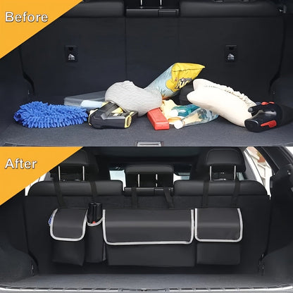 Car Trunk Organizer Rear Seat Hanging Storage Bag with 4 Pockets Foldable Cargo Bag for SUV Truck MPV Van – Black Multi-Pocket Car Interior Storage Organizer for Travel & Daily Use