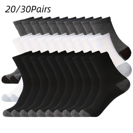 Men's Bulk Socks 20 or 30 Pairs Pack – Breathable Mid-Calf Athletic Crew Socks, Moisture-Wicking Sports Socks for Men, One Size Fits Most