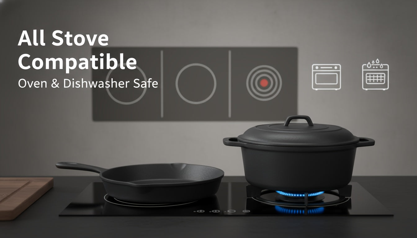 Cast Iron Cookware Set 6-Piece Non-Stick Skillet Dutch Oven Grill Pan Kit for Induction Gas Campfire BBQ Outdoor Cooking Kitchen