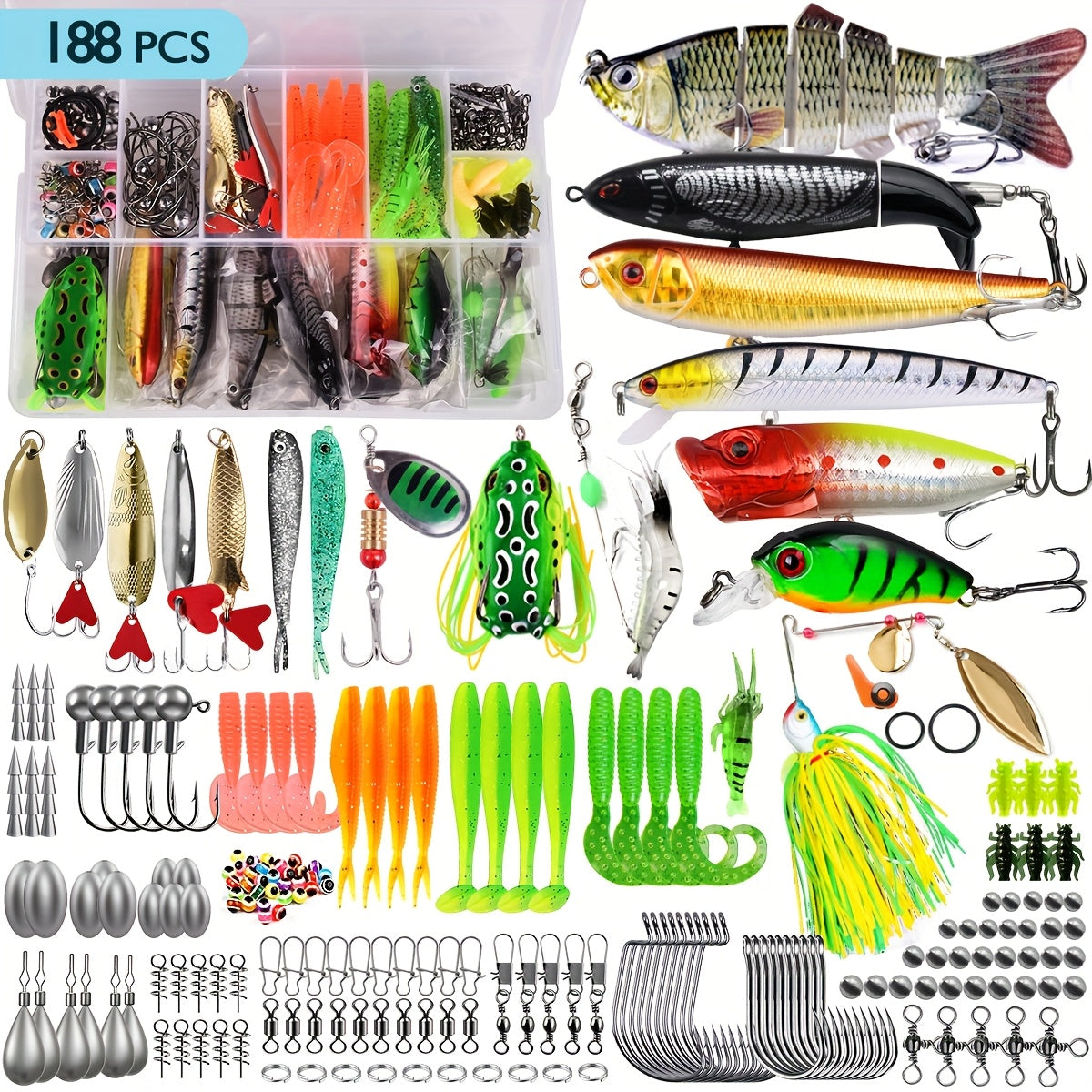 Fishing Lures Kit 78/106/188/361 Piece Freshwater Tackle Box Set, Spoon Lures Soft Plastic Worms Hooks & Accessories for Bass Trout Salmon Fishing, Complete Beginner & Pro Fishing Gear Gift