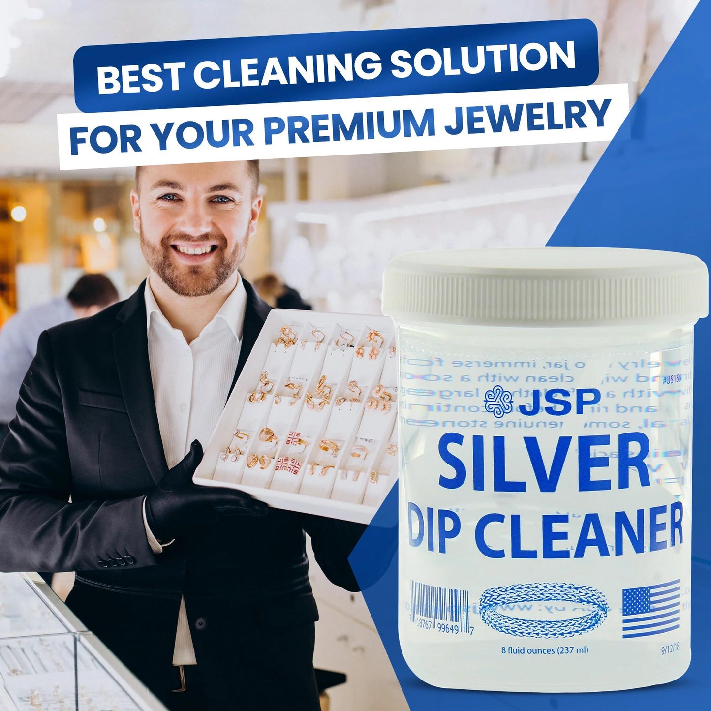 JSP Sterling Silver Dip Cleaner & Tarnish Remover 8oz – 925 & 999 Silver Jewelry Cleaning Solution with Dipping Basket & Microfiber Cloth, Restores Shine to Silver, Gold & Precious Metals