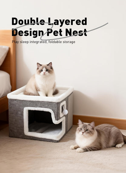 3-in-1 Cat House Indoor Condo – Luxury Wooden Ottoman Style Cat Bed Sleep Play & Scratch, Multi-Cat Friendly Large Cat Cave Hideaway Cube Furniture, Light Gray Standard & Large