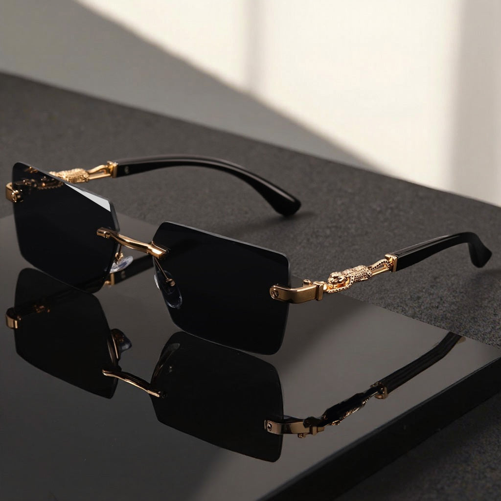 Unisex Rimless Leopard Sunglasses - UV400 Narrow Rectangular Frameless Shades in Black & Gold, Premium Fashion Eyewear for Men & Women, Includes Case & Cloth, Great for Parties Travel & Festivals