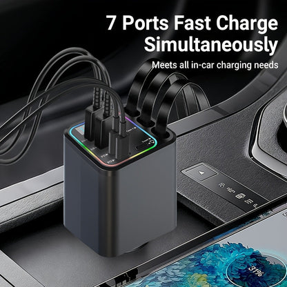 7-in-1 Car Charger with LED Color Light & 3 Retractable Cables – Fast Charging USB Hub, 180° Adjustable, Digital Display, Universal Fit for iPhone Android
