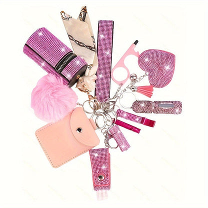 11-Piece Women's Rhinestone Keychain Set – Multifunctional Keyring with Card Holder, Pill Bottle, Whistle, Perfume Bottle & Storage Bag, Perfect Gift for Ladies