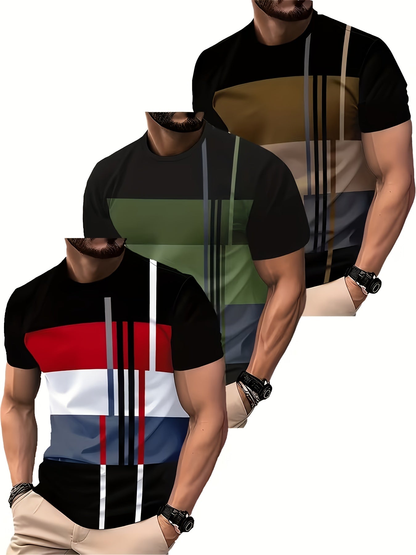 3 Pack Men's Moisture-Wicking Athletic T-Shirts Color Block Crew Neck Short Sleeve Breathable Gym Workout Tees, Lightweight 130g/m2 Polyester, Regular Fit S-XXXL - Machine Washable Sports Shirts