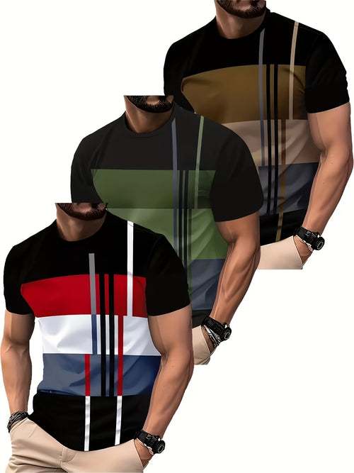 3 Pack Men's Moisture-Wicking Athletic T-Shirts Color Block Crew Neck Short Sleeve Breathable Gym Workout Tees, Lightweight 130g/m2 Polyester, Regular Fit S-XXXL - Machine Washable Sports Shirts