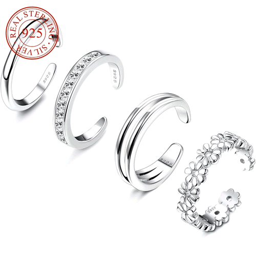 925 Sterling Silver Adjustable Toe Ring Set 4pcs for Women - Daisy Flower CZ Cubic Zirconia Open Band Rings Lightweight 6g Boho Beach Jewelry for Finger Thumb Tail Toe, Party Vacation Gift