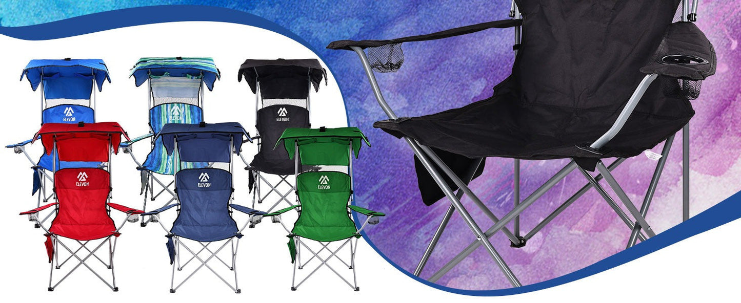 Folding Camping Chair with Tilting Canopy Sunshade – 225LBS Capacity, 22.8" Wide Seat, Mesh Cup Holder & Carry Bag, Portable Beach Lawn Chair for Camping, Hiking & Outdoor Events – 9 Color Options