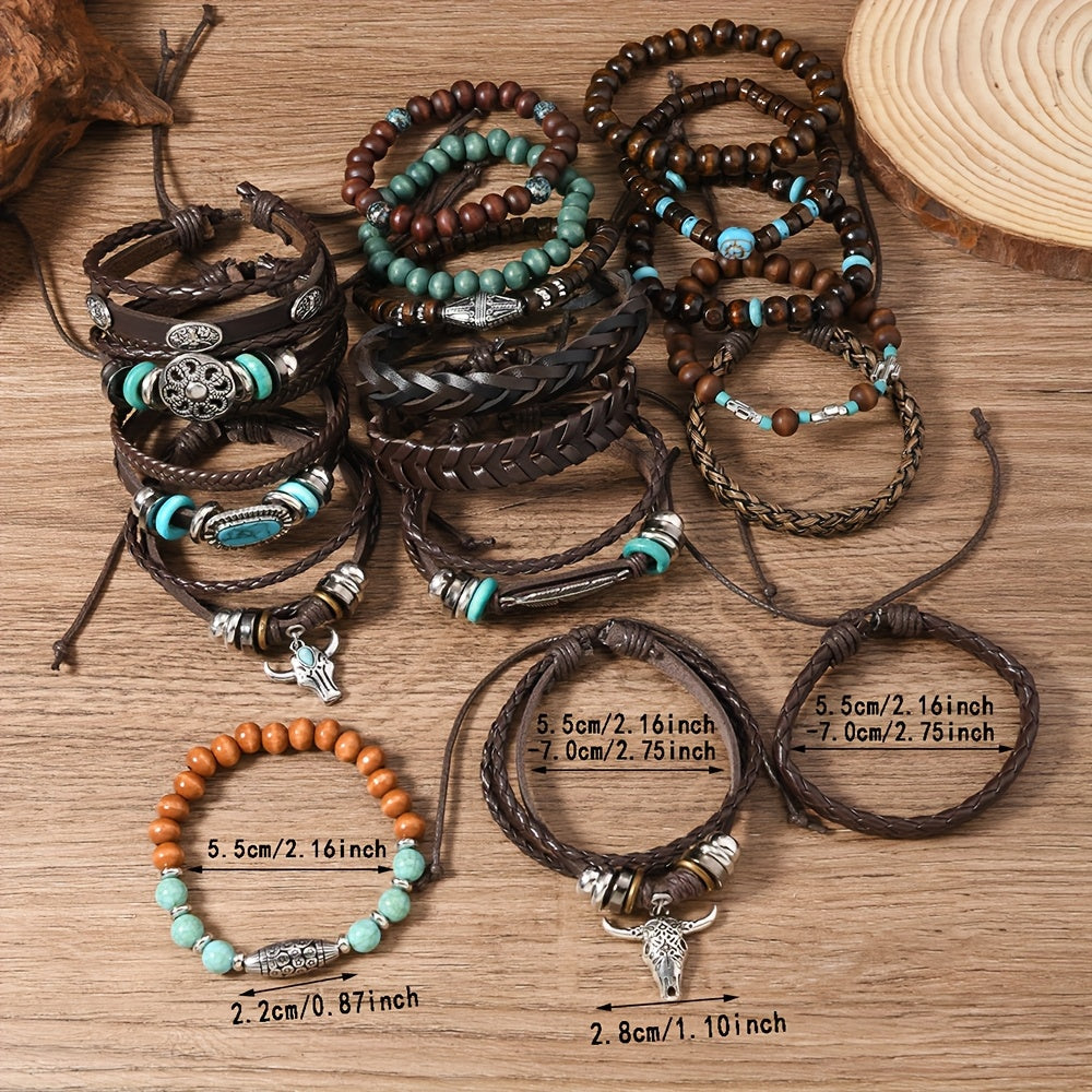 24pcs Boho Western Turquoise Bracelet Set – Multi-Layer Woven Feather, Wooden Bead & Alloy Charms, Retro Stackable Bracelets for Women, Party Favor & Gift for Her