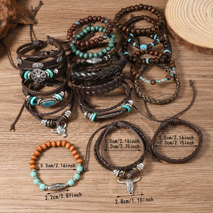 24pcs Boho Western Turquoise Bracelet Set – Multi-Layer Woven Feather, Wooden Bead & Alloy Charms, Retro Stackable Bracelets for Women, Party Favor & Gift for Her