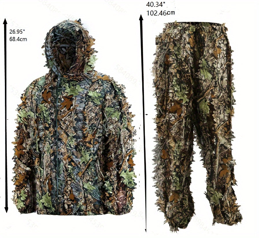 Men's Ghillie Suit 3D Camo – Lightweight Hooded Jacket & Pants Set, Breathable 3D Leaf Camouflage Hunting Clothes, 0.95 lb