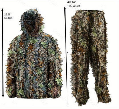Men's Ghillie Suit 3D Camo – Lightweight Hooded Jacket & Pants Set, Breathable 3D Leaf Camouflage Hunting Clothes, 0.95 lb