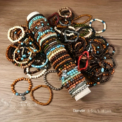 42pcs Vintage Bohemian Wooden Beaded Bracelet Set for Women & Men – Ethnic Stackable Boho Hand String Bracelets Random Mix, Outdoor Festival Holiday Jewelry Accessory Collection
