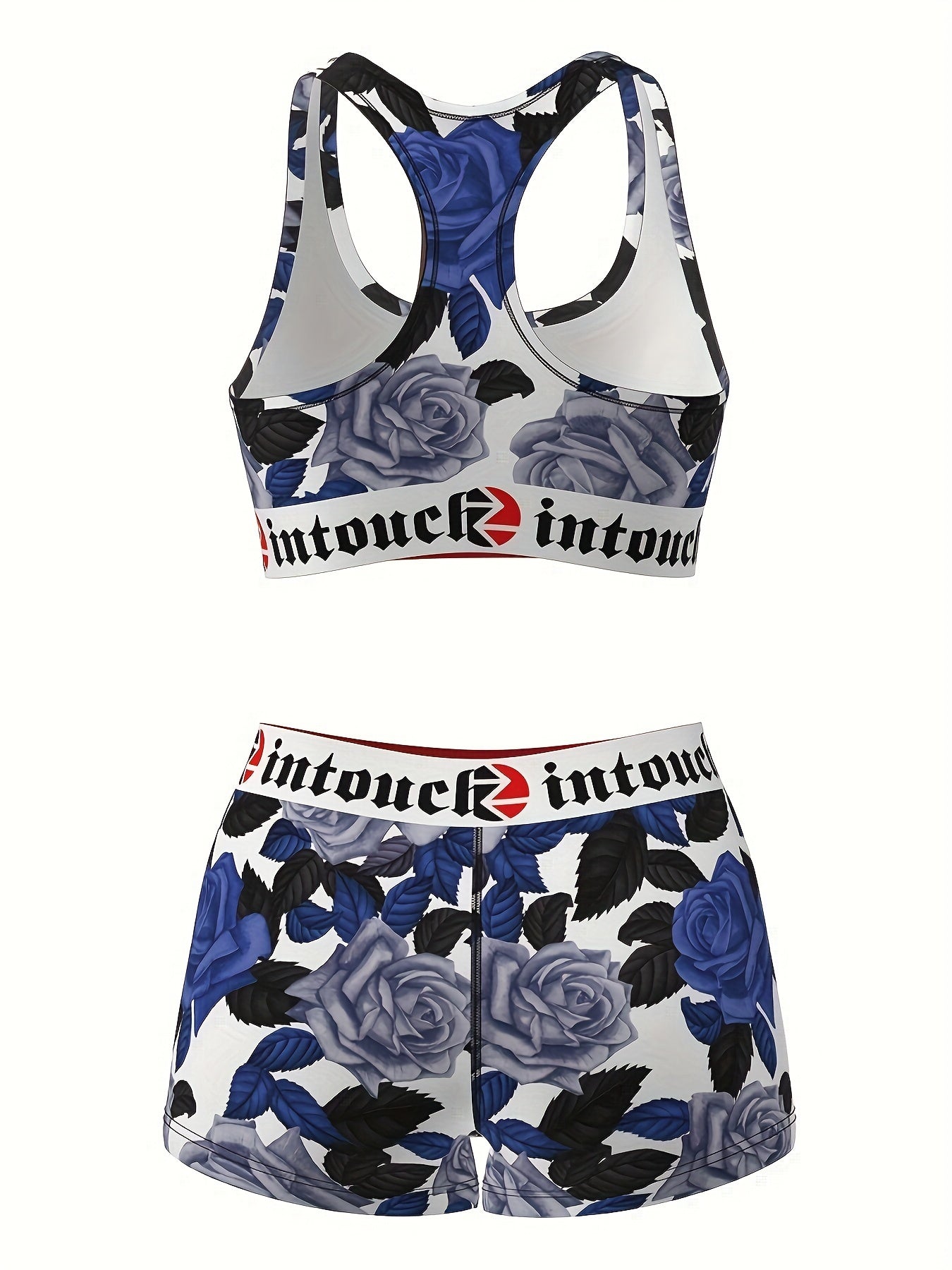 Women's Blue Rose Floral Print Sports Bra & Shorts Set 2-Piece – Stretchy Activewear Gym Yoga Running Fitness Outfit Matching Loungewear for Teens Summer Festival Vintage Style