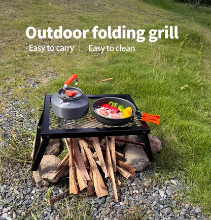 Heavy Duty Bonfire Campfire Grill with Firewood Rack – Outdoor BBQ Grill for Camping, RV, Picnic & Backyard, Includes Storage Bag, Food Clips & Cleaning Cloth, Perfect Men's Gift