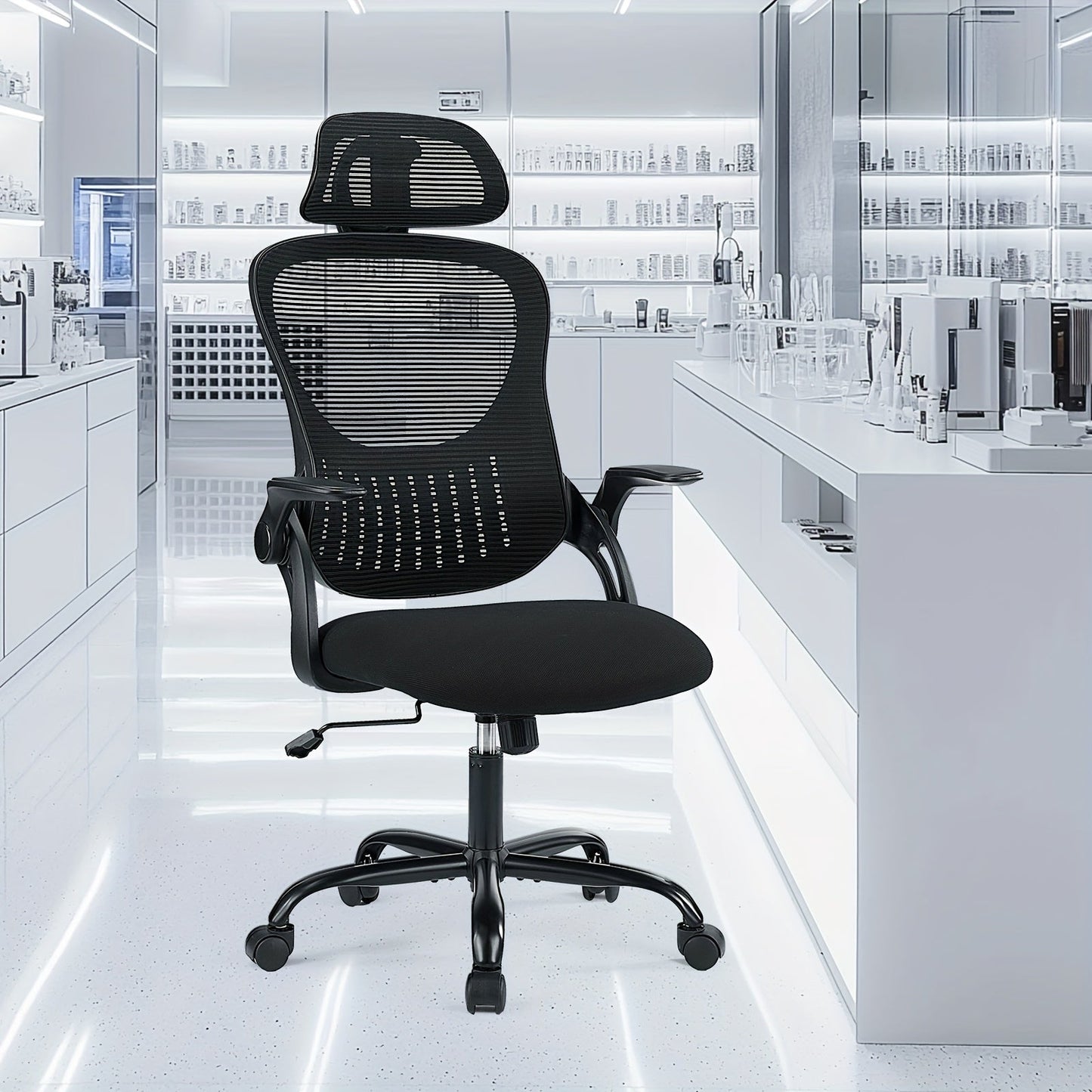 Ergonomic High Back Mesh Office Chair with Adjustable Headrest, Lumbar Support & Flip-Up Armrests – Stainless Steel Frame, Padded Seat, 5-Wheel Rolling Base – Home Office, Lab & Desk Chair (Black/Gray)