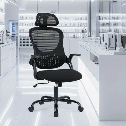 Ergonomic High Back Mesh Office Chair with Adjustable Headrest, Lumbar Support & Flip-Up Armrests – Stainless Steel Frame, Padded Seat, 5-Wheel Rolling Base – Home Office, Lab & Desk Chair (Black/Gray)