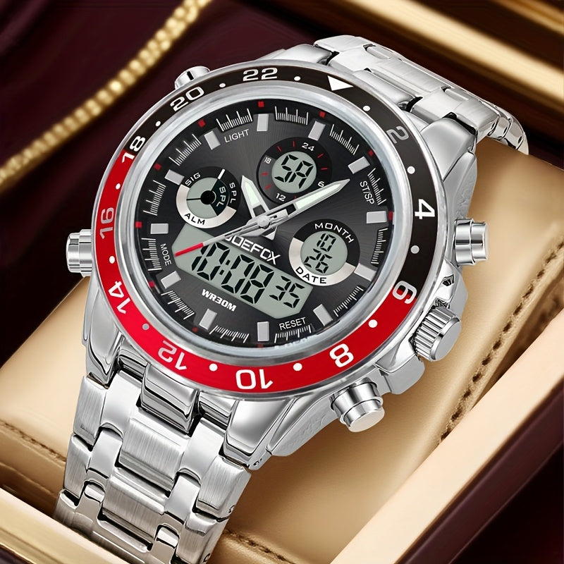 Men's Vintage Business Chronograph Watch with Steel Band – Dual Movement Waterproof Wristwatch with Band Adjustment Tool Father's Day Birthday Gift for Men