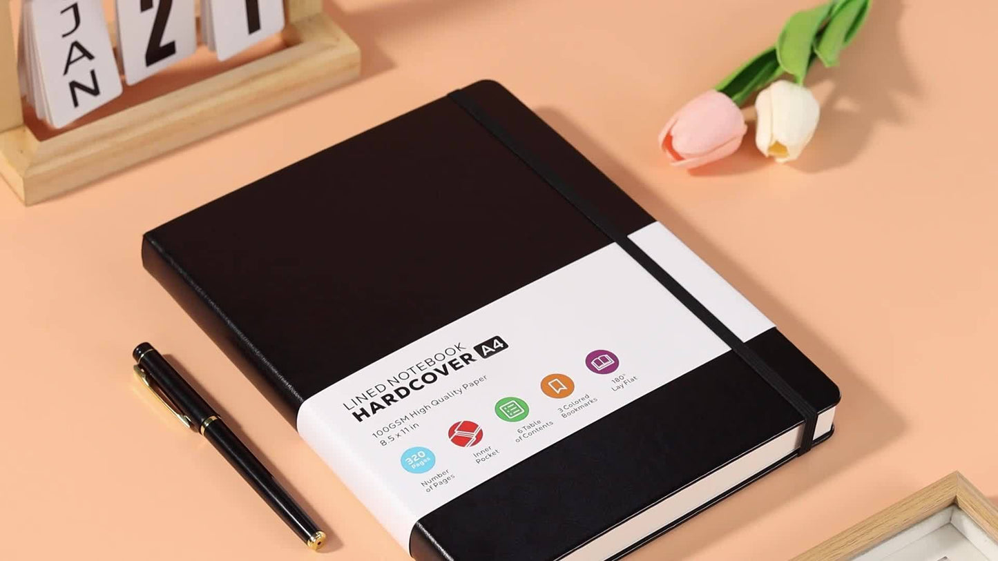 A4 Hardcover Notebook 320 Pages – Large College Ruled Leather Journal for Women Men, 100GSM Thick Paper 8.5x11 Lined Notebook for Work School Study Writing Business, 6 Colors
