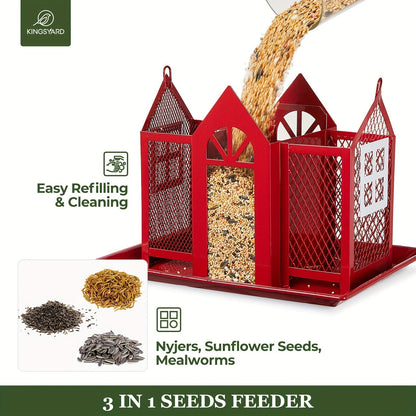 Wild Bird Feeder House for Outside with Triple Feeding Stations – Metal Mesh Weatherproof Bird Feeder for Finch, Cardinal & Chickadee, Large Capacity Outdoor Hanging Bird Feeder, Gift for Bird Lovers