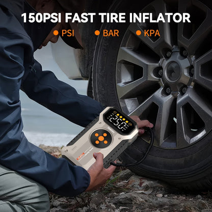 5000A Car Jump Starter with 150PSI Air Compressor – 12000mAh Portable Battery Booster Pack, Digital Tire Inflator, USB-C & USB-A, LED Emergency Light for 12V Gas & Diesel Engines
