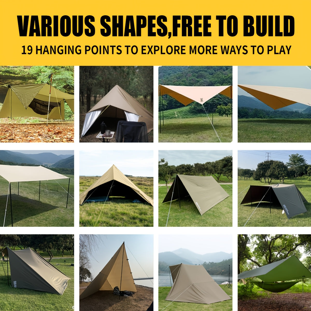 Waterproof Camping Tarp Shelter 19 Tethering Points Hammock Rain Fly Sunshade Lightweight Survival Tarpaulin for Hiking Backpacking Cycling DIY Outdoor Canopy Sun Protection Emergency Shelter