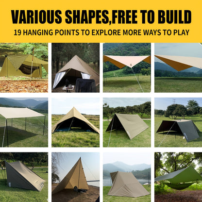 Waterproof Camping Tarp Shelter 19 Tethering Points Hammock Rain Fly Sunshade Lightweight Survival Tarpaulin for Hiking Backpacking Cycling DIY Outdoor Canopy Sun Protection Emergency Shelter