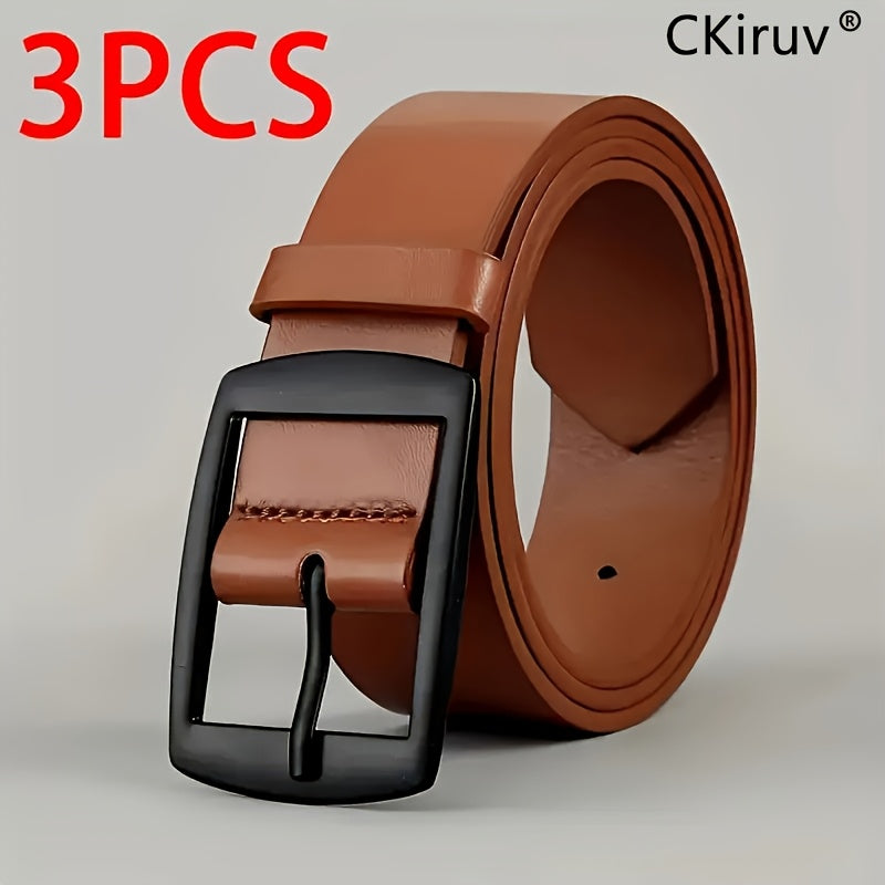 3-Pack Men's PU Faux Leather Belt Set – Casual Designer Style Alloy Buckle Belts for Jeans in Black, Brown & Khaki, Sizes 110-130cm
