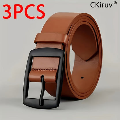 3-Pack Men's PU Faux Leather Belt Set – Casual Designer Style Alloy Buckle Belts for Jeans in Black, Brown & Khaki, Sizes 110-130cm