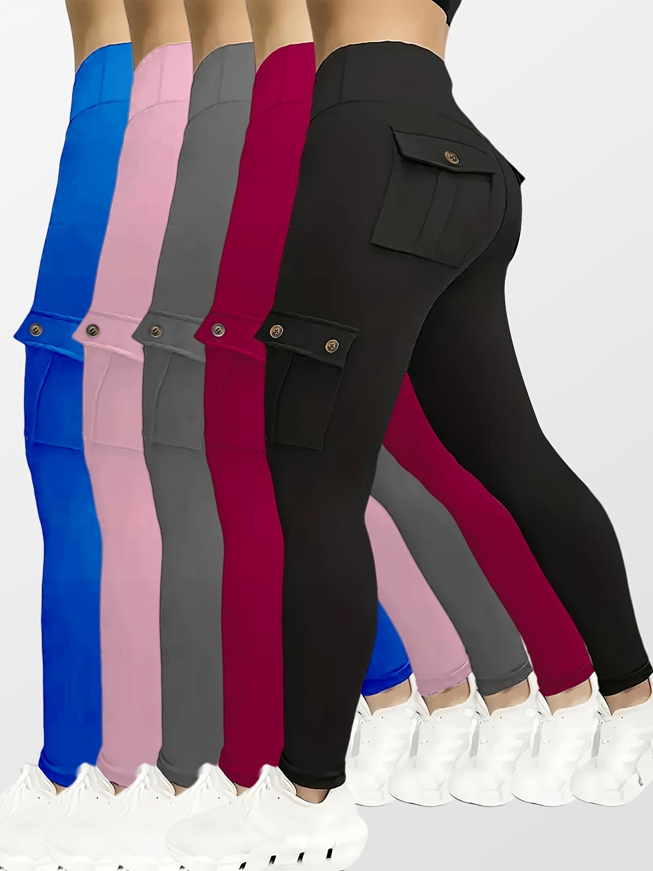 Women's High Waist Yoga Leggings 5-Pack with Pockets Elastic Stretchy Running Sports Leggings S-XXL Solid Colors Black Navy Blue Gray Pink Red Flap Pocket Button Design Activewear Set