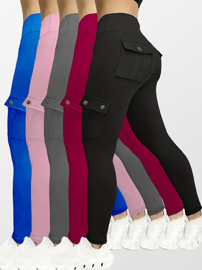 Women's High Waist Yoga Leggings 5-Pack with Pockets Elastic Stretchy Running Sports Leggings S-XXL Solid Colors Black Navy Blue Gray Pink Red Flap Pocket Button Design Activewear Set