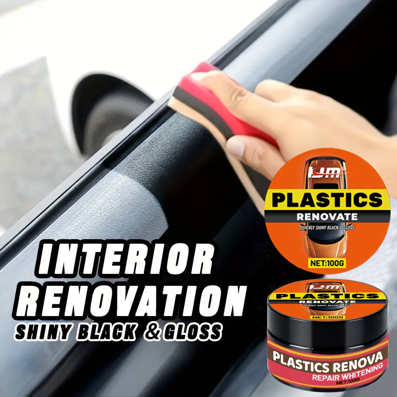 Car Plastic Restorer Kit with Sponge, Auto Interior Shine & Tire Protection Cream, Anti-Yellowing Plastic Renewal Paste for Dashboard, Bumper, Trim & Tires – Fast Refurbishment & Anti-Aging Formula