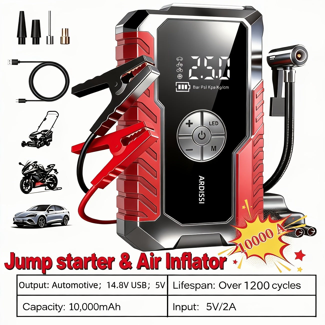 Portable Car Jump Starter 7-in-1 10000mAh 5000A Peak – 150PSI Digital Tire Inflator, LED Emergency Light & USB Charging for 12V Gas & Diesel Trucks SUVs Motorcycles – Holiday Gift for Men