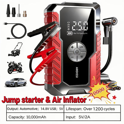 Portable Car Jump Starter 7-in-1 10000mAh 5000A Peak – 150PSI Digital Tire Inflator, LED Emergency Light & USB Charging for 12V Gas & Diesel Trucks SUVs Motorcycles – Holiday Gift for Men