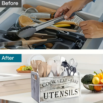 Extra Large Rustic Wooden Utensil Organizer 3-Compartment – Countertop & Wall-Mounted Kitchen Caddy for Cooking & Baking Tools, Heavy-Duty Natural Wood Kitchen Storage Rack
