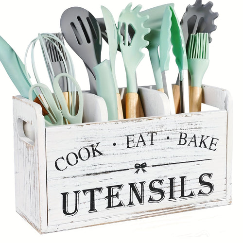Rustic Wooden Kitchen Utensil Organizer with Handle & 3 Compartments – Countertop or Wall Mount Caddy for Cooking, Dining & Baking Tools – Farmhouse Kitchen Storage in White & Black