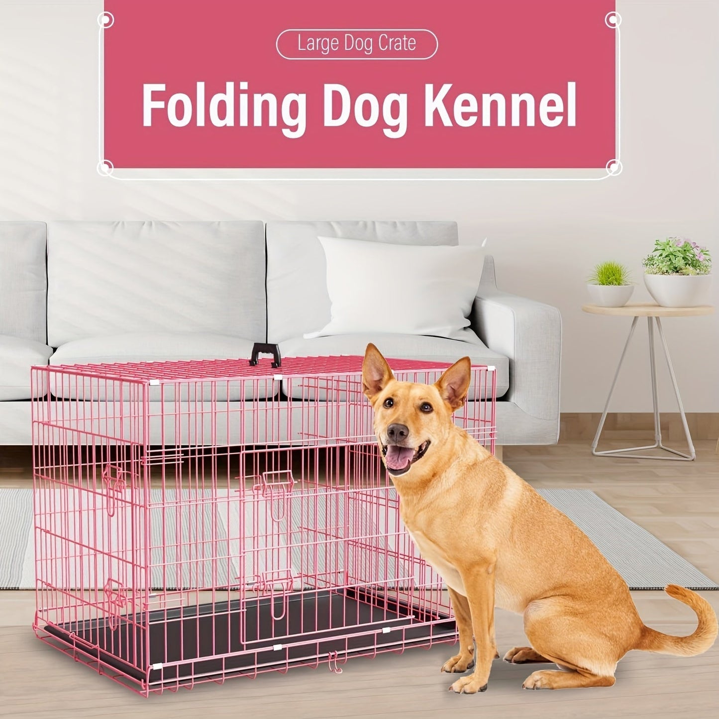 Double Door Folding Metal Dog Crate 42 48 Inch with Divider Leak-Proof Tray High-Temp Paint Finish Wire Kennel Puppy Medium Large Dogs Indoor Outdoor Black Blue Pink