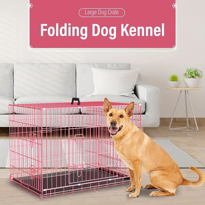 Double Door Folding Metal Dog Crate 42 48 Inch with Divider Leak-Proof Tray High-Temp Paint Finish Wire Kennel Puppy Medium Large Dogs Indoor Outdoor Black Blue Pink