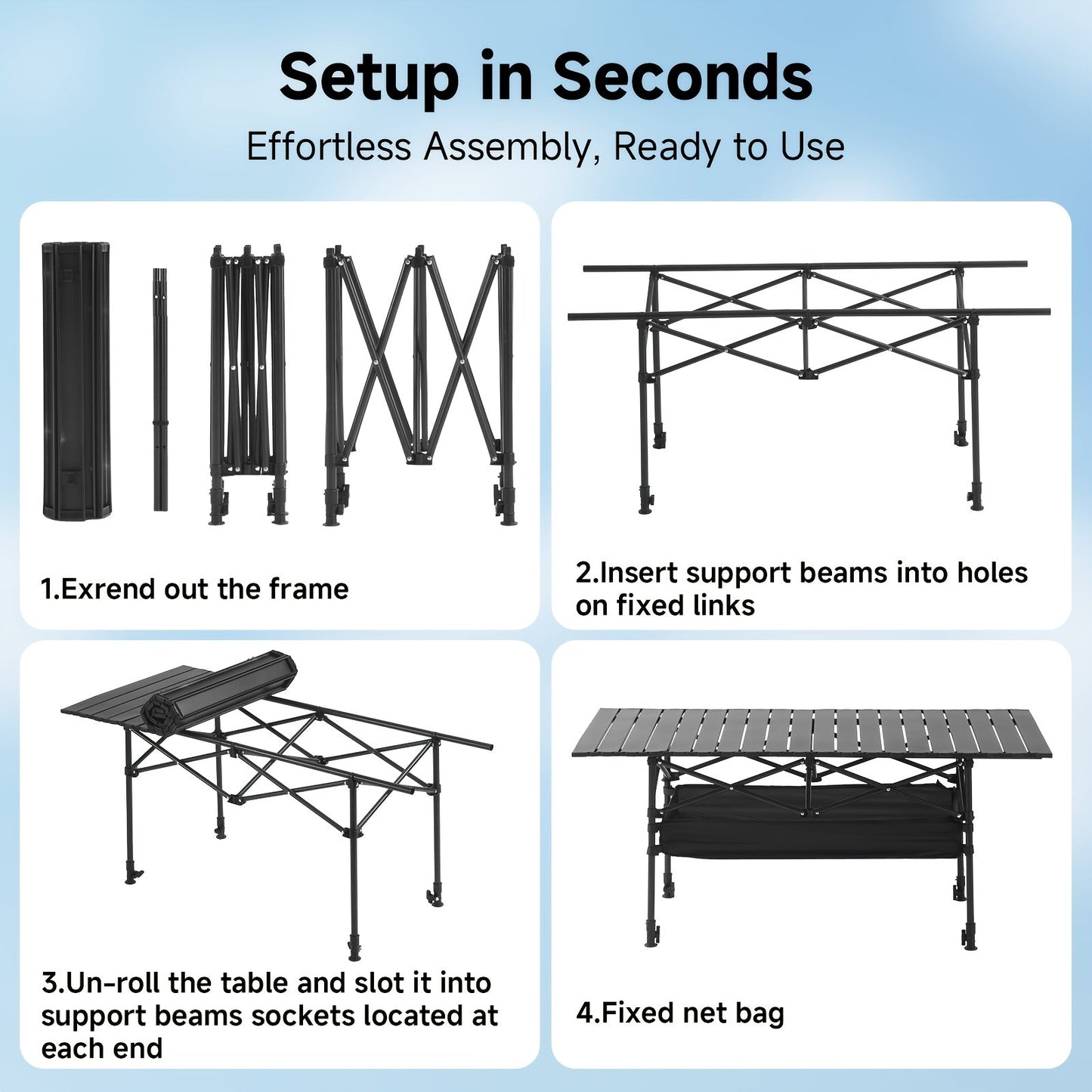 Portable Folding Camping Table Aluminum Lightweight Outdoor Picnic Table with Mesh Storage Bag & Carry Bag – Height Adjustable 37.4", Easy to Store, for Camping, Beach, Backyard, BBQ, Party & Patio