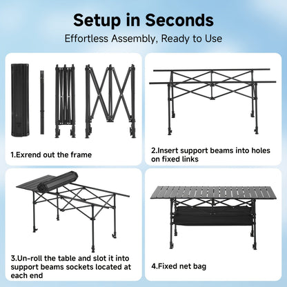 Portable Folding Camping Table Aluminum Lightweight Outdoor Picnic Table with Mesh Storage Bag & Carry Bag – Height Adjustable 37.4", Easy to Store, for Camping, Beach, Backyard, BBQ, Party & Patio